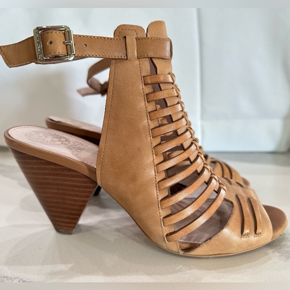 Vince Camuto Women’s Tan Leather Cage Sandals Cone Heel 9